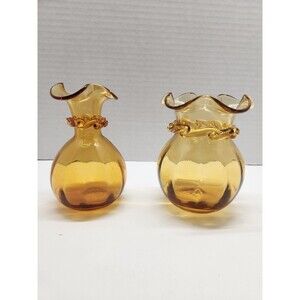 Vintage Art Hand Blown Glass Amber Vase Ruffle Top Applied Ribbon Set Of 2